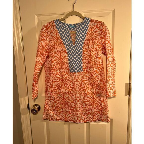 J. McLaughlin Orange and Blue Zig Zag Cotton Tunic Sz. S - Picture 2 of 5